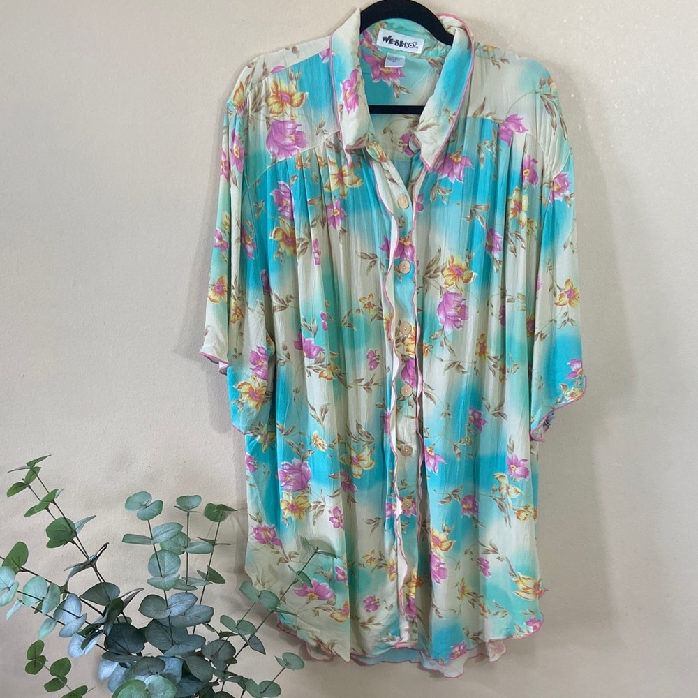 Vintage We Be Bop Tropical Floral Rayon Tunic Button Front Oversized Plus 4X